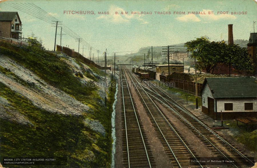 Postcard: Fitchburg, Massachusetts.  Boston & Maine Railroad Tracks from Kimball Street Footbridge
